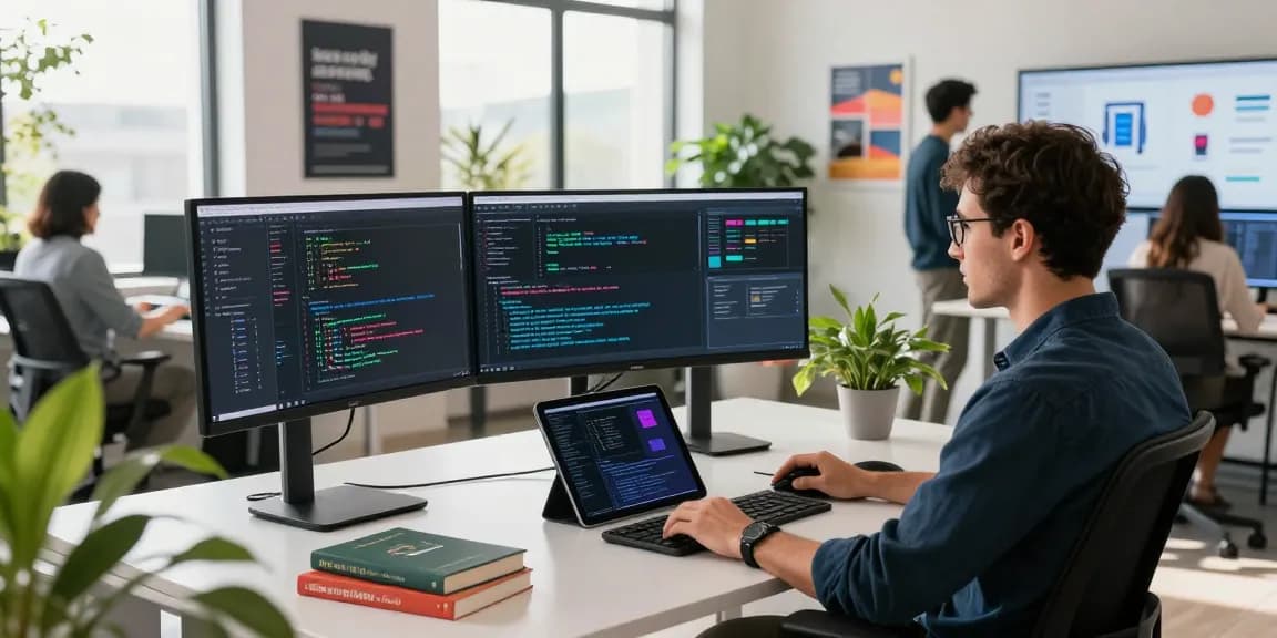 Developer showcasing innovative AI tools 2026 in a modern tech workspace.