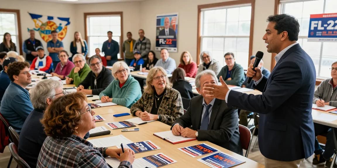 Casey Askar engaging with constituents during a lively town hall meeting discussing FL-22 campaign issues.