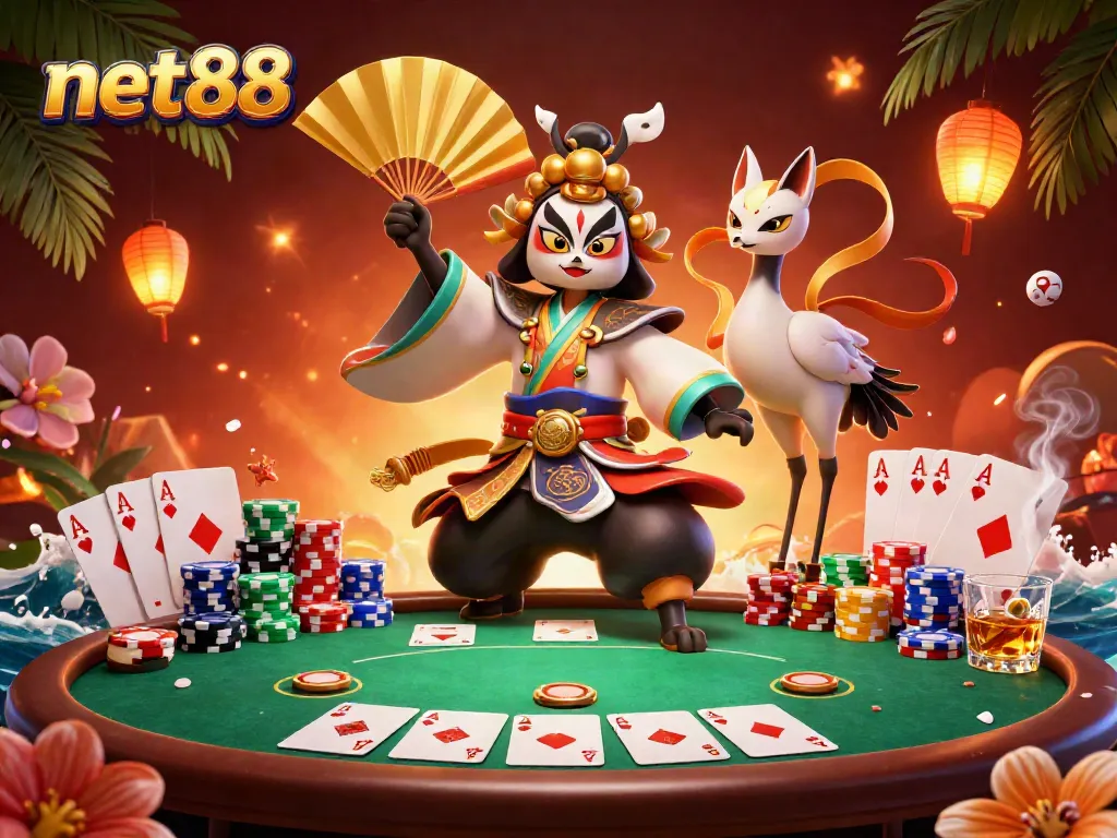 Experience net88's vibrant casino world with a kabuki warrior, poker table, and colorful chips.