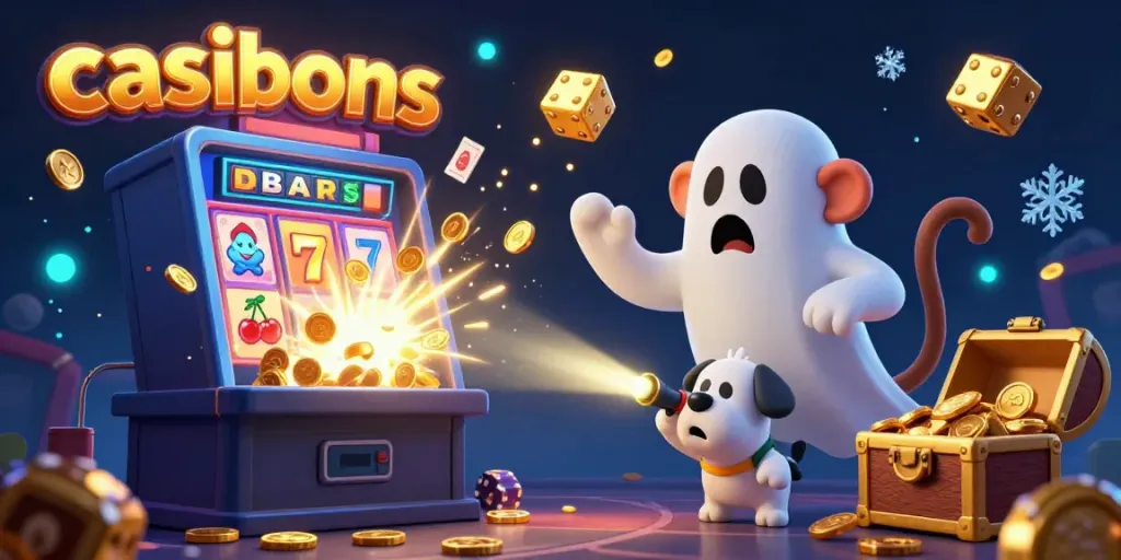 Engaging scene showcasing casinos with a playful monkey and a curious puppy amidst vivid slot machine action.