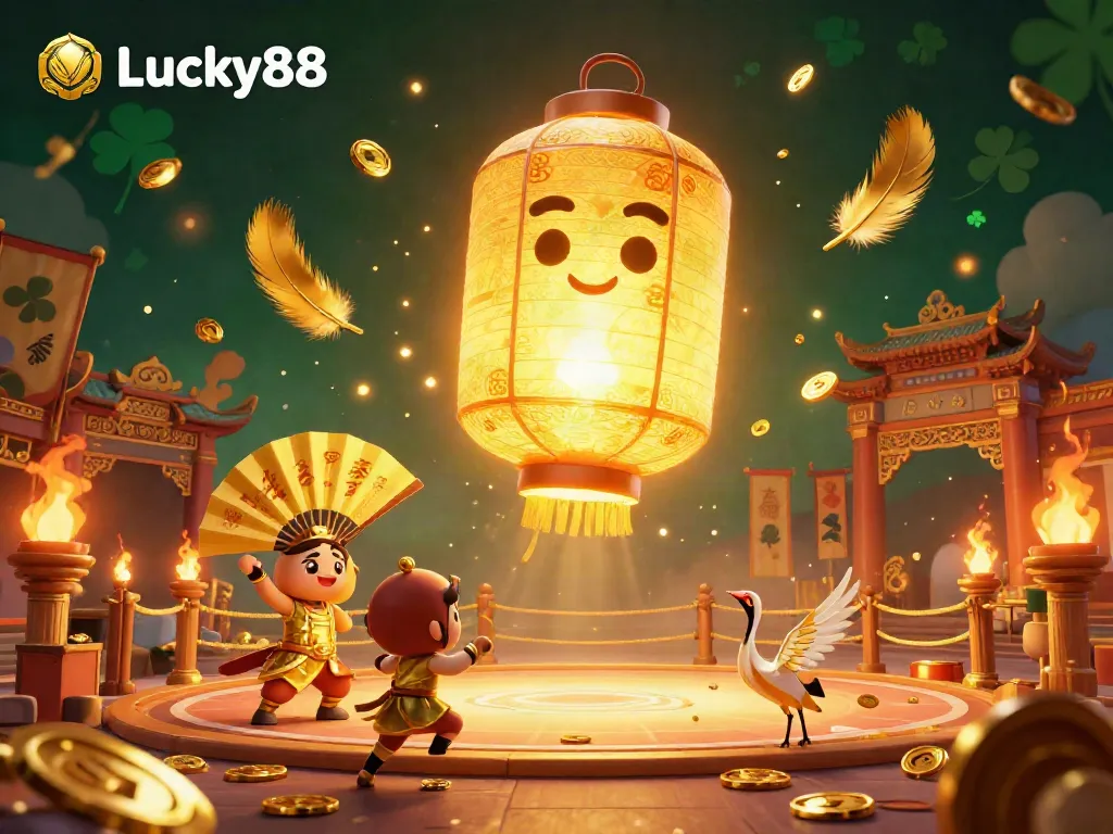 Engage with the vibrant world of Lucky88, featuring a glowing lantern spirit surrounded by golden warriors and casino elements.