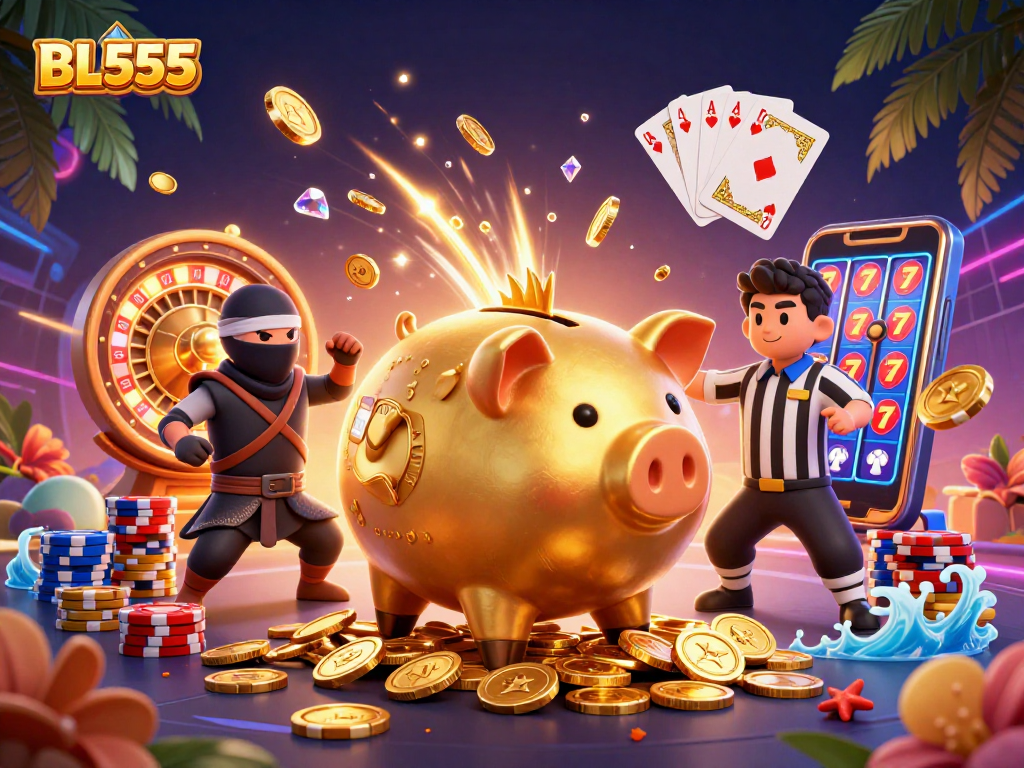 Engage in thrilling gaming at BL555 with a dynamic 3D cartoon piggy bank sumo wrestler and exciting casino elements.