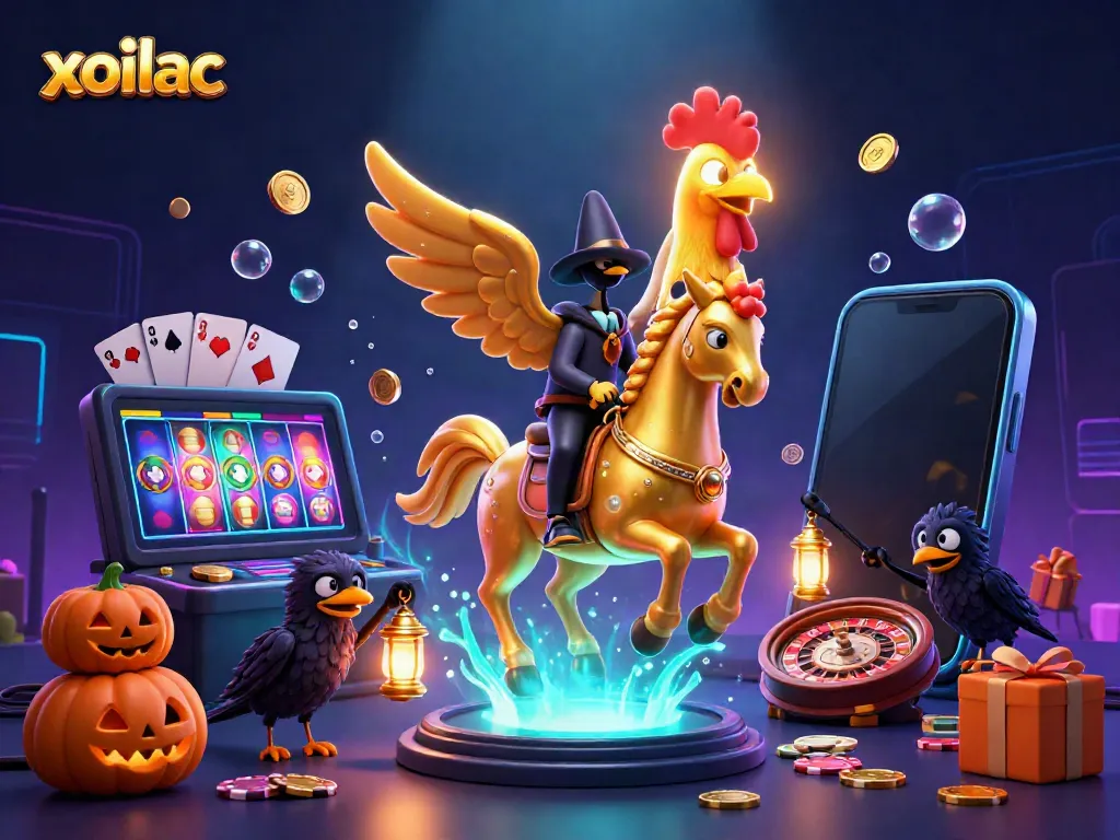 Experience the vivid world of xoilac with a golden rooster in a vibrant casino scene.