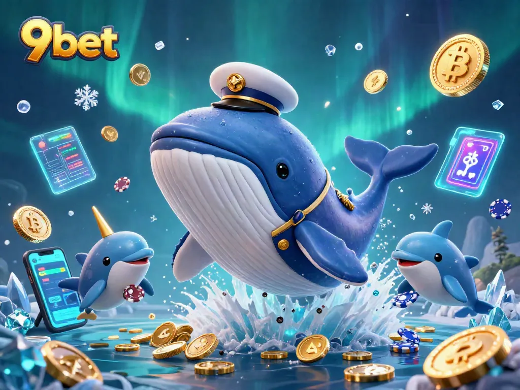 Experience the thrill of 9bet with a whale captain breaching through coins, surrounded by playing dolphins.