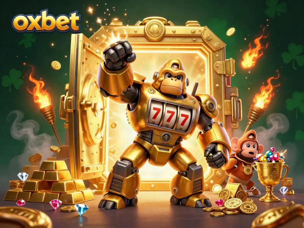 Experience the thrilling world of oxbet with a golden gorilla mech celebrating massive jackpots!