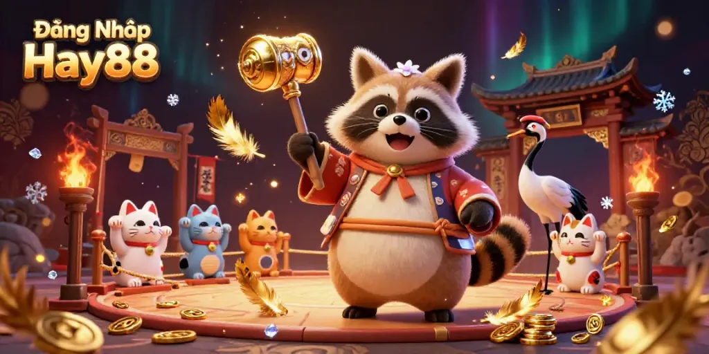 Engage with Đăng Nhập Hay88 through a vibrant 3D scene featuring a cheerful cartoon tanuki in a Japanese festival setting.