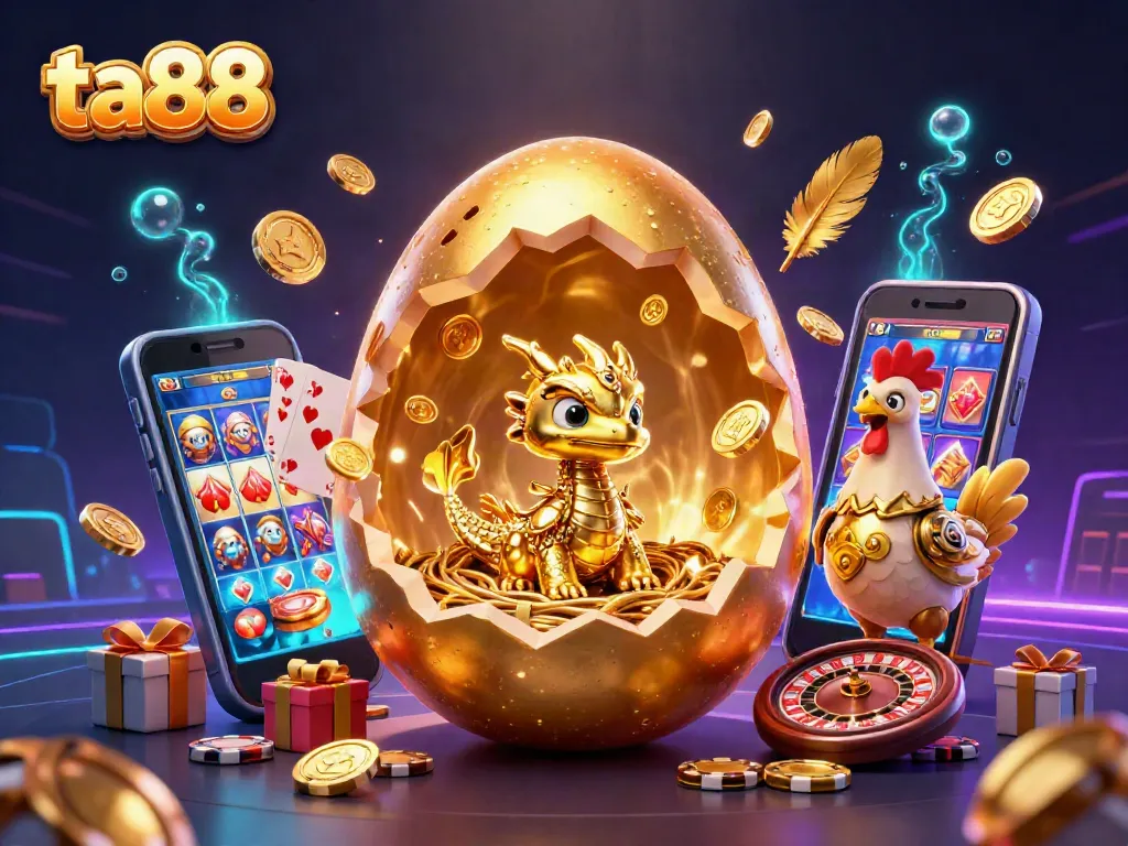 Spin the reels with ta88's vibrant casino scene featuring a golden dragon, chips, and exciting game elements.