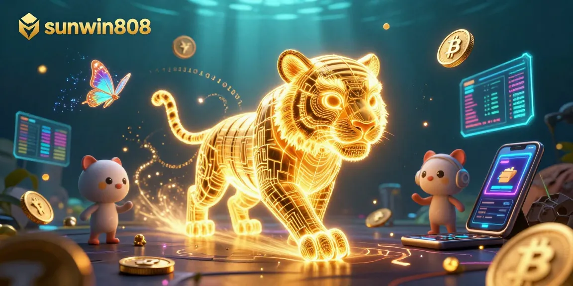 Engage with the dynamic sunwin808 digital casino featuring a neon golden tiger amidst cryptocurrencies.