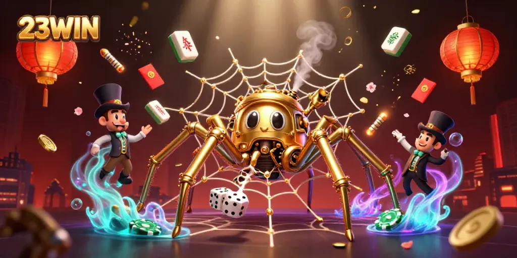 Experience the thrill of 23WIN with a vibrant 3D illustration featuring unique casino-themed elements.