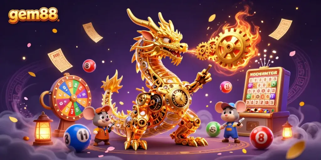 Experience the thrilling gem88 gaming adventure with vibrant lottery elements and a mechanical dragon!