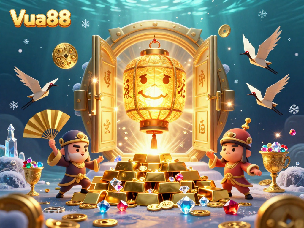 Experience the magic of Vua88 in a vibrant casino scene with golden treasures and lucky symbols.