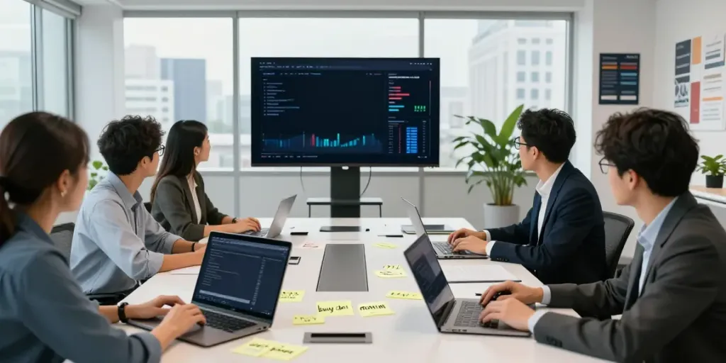 Team discussing how to buy domain name options in a modern office.