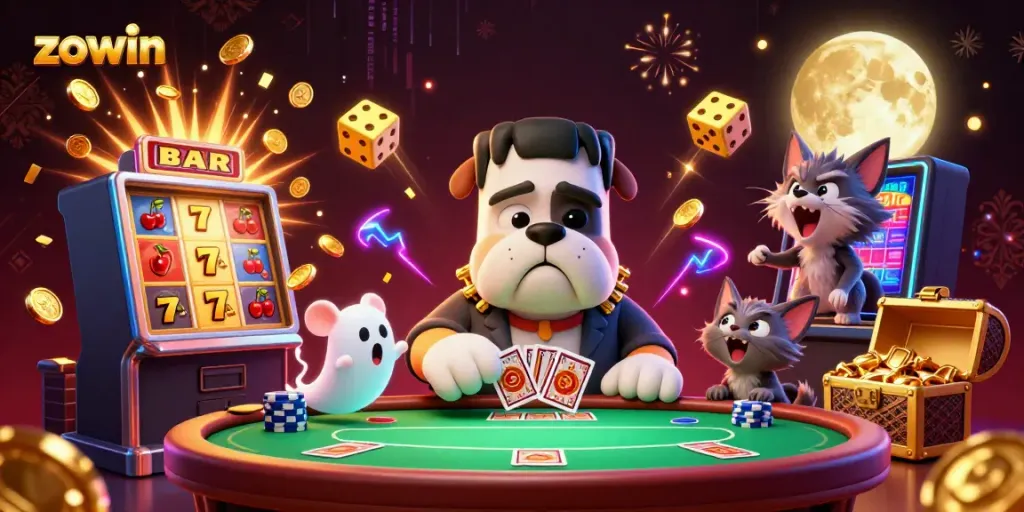 Engage in thrilling poker action with zowin at a spooky casino table featuring cartoon characters.