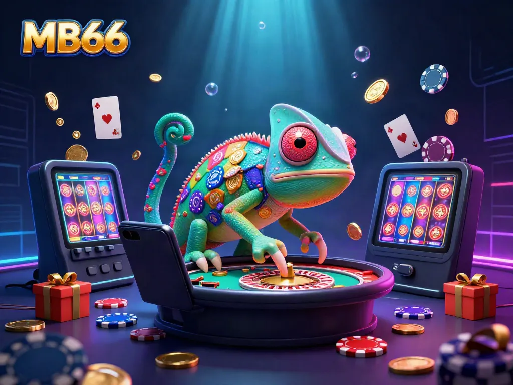 Engage with thrilling MB66 moments featuring a chameleon casino owner amidst vibrant gaming elements.