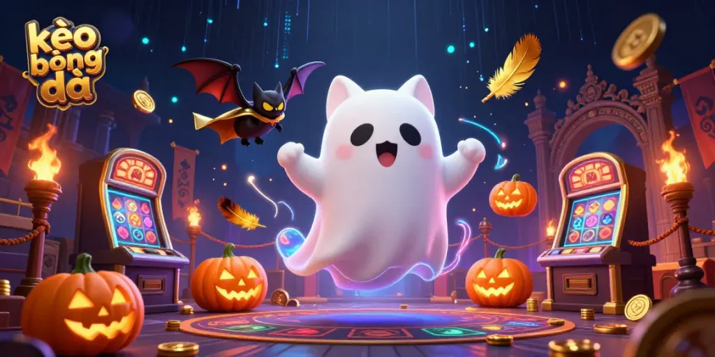 Experience the excitement of kèo bóng đá with a playful ghost cat in a haunted casino scene.