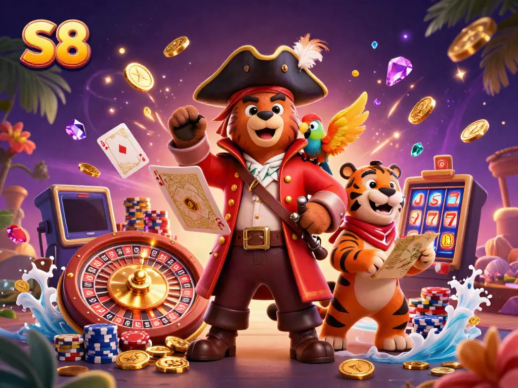 Experience thrilling gameplay with S8 casino featuring pirate characters and a vibrant gambling scene.