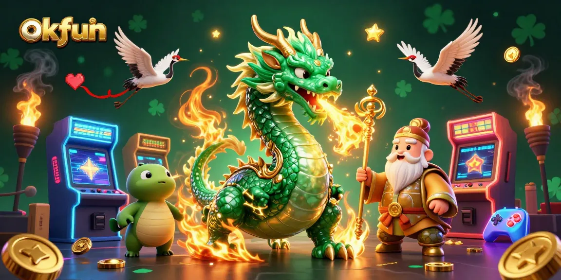Engage in thrilling casino action with okfun's vibrant dragon, crane, and turtle scene.