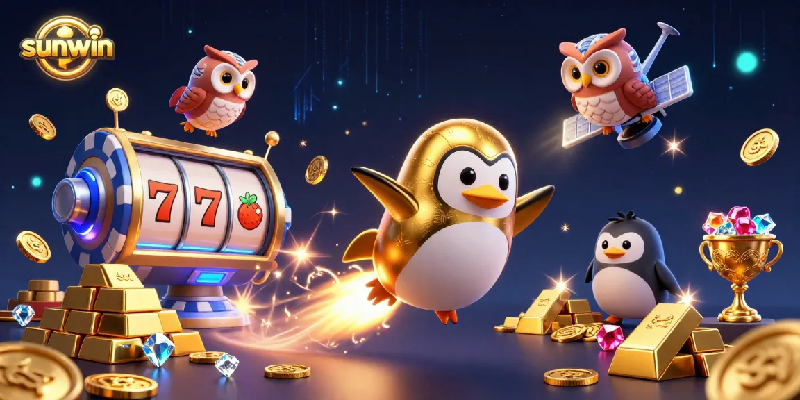 Play slots at sunwin with a golden penguin sailing towards a vibrant casino space station.