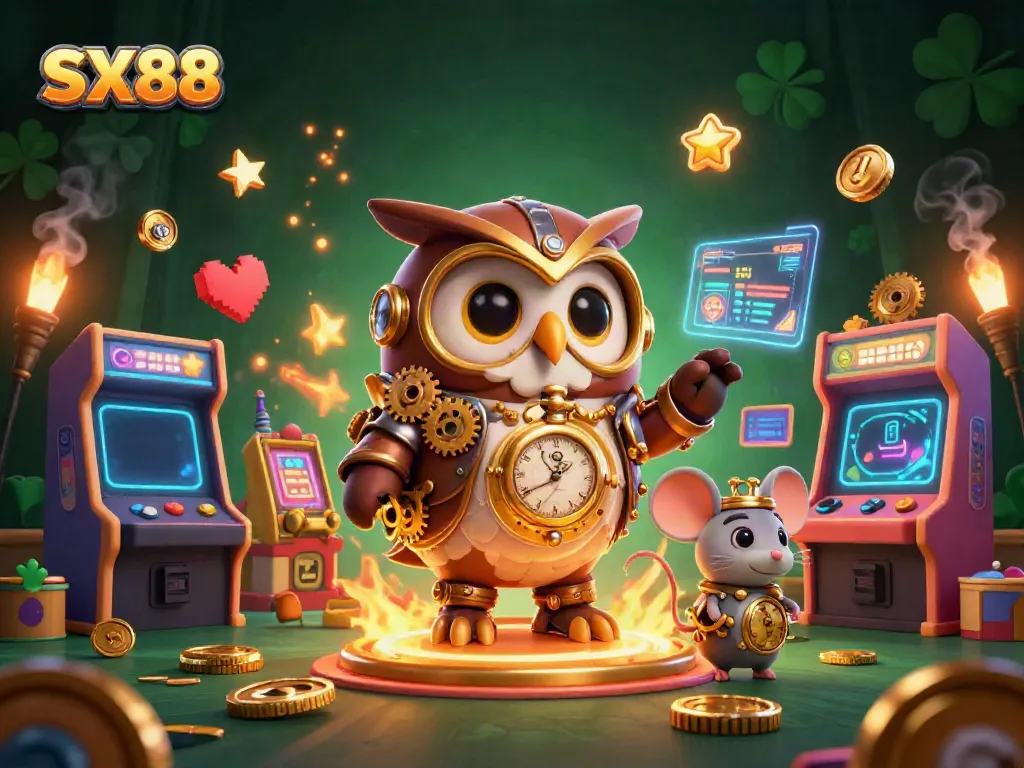SX88 delivers an exciting visual experience with a time-traveling owl and steampunk elements in a vibrant online casino.
