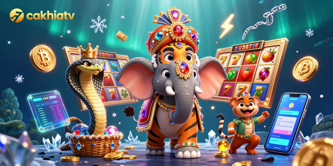 Cakhiatv showcases an exciting 3D casino scene with vibrant slot elements, a maharaja tiger, and modern cryptocurrency.