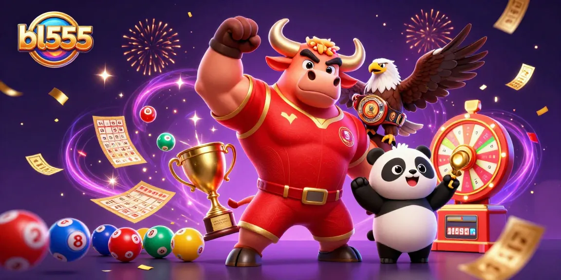 Win big with bl555 in a vibrant illustrated casino scene featuring a bull mascot and a panda.