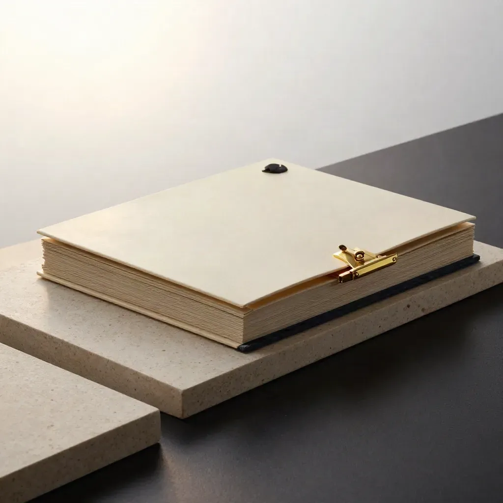 Cream strategy folio, brass clasp, slate paperweight and card blocks on stone in dramatic studio light.