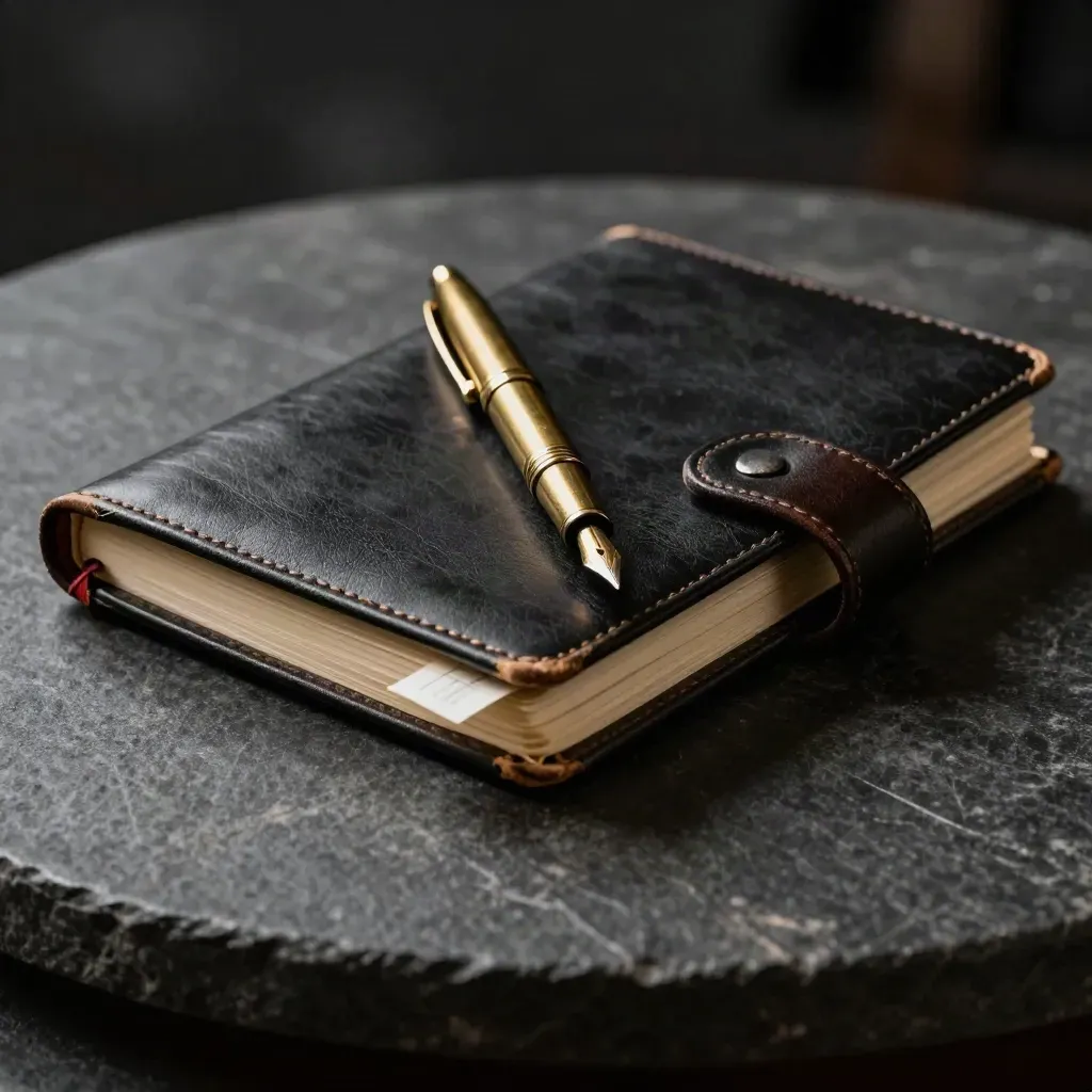 Worn notebook, brass pen and planner tab on dark stone in dramatic studio light
