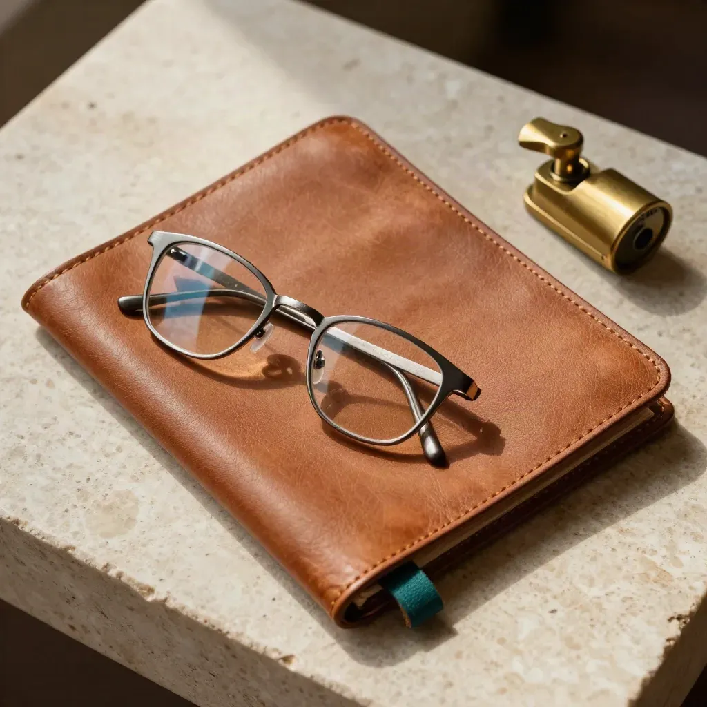 Leather folio, reading glasses and brass paperweight on pale travertine in soft light.