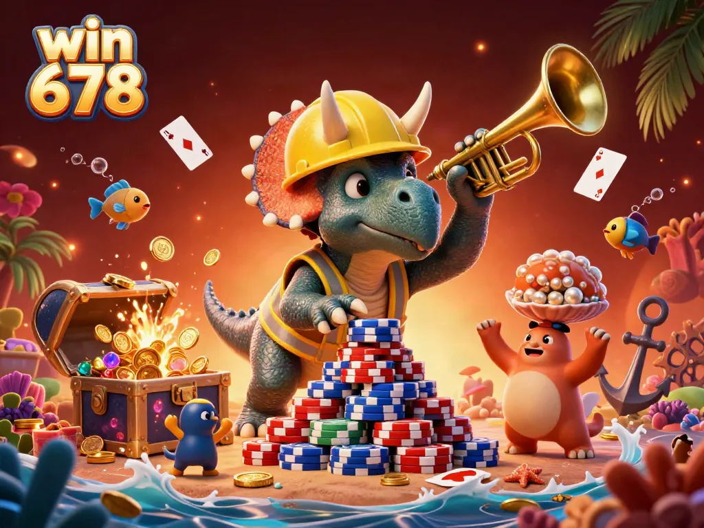 Engaging scene of win 678 featuring cartoon dinosaur characters joyfully celebrating around poker chips and casino elements.