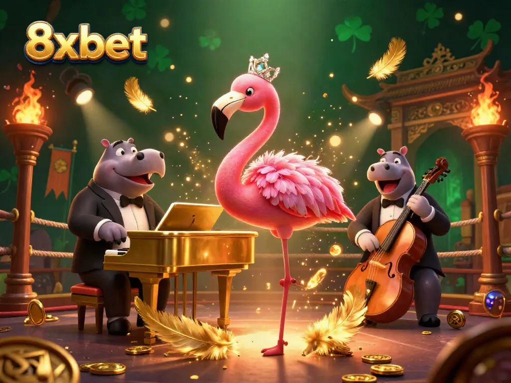 Join the vibrant casino atmosphere in 8xbet with flamingo singers, hippo bassists, and dazzling golden elements.