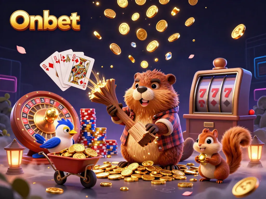 Experience Onbet action with the playful beaver, collecting golden coins in a vibrant 3D casino world.