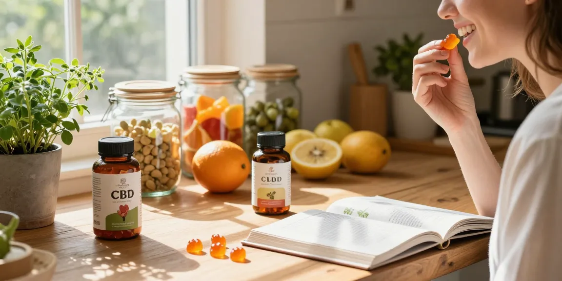 Enjoying natural cbd gummies at a sunny kitchen table with organic ingredients.