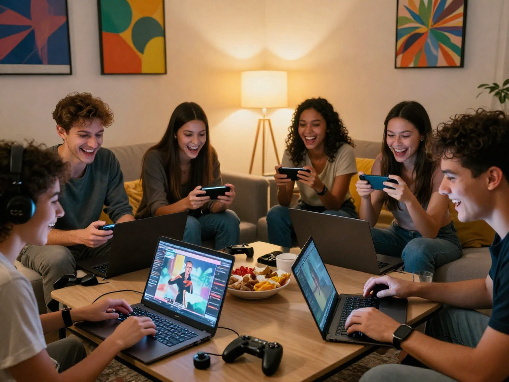Friends enjoying porngames together on laptops in a cozy living room.