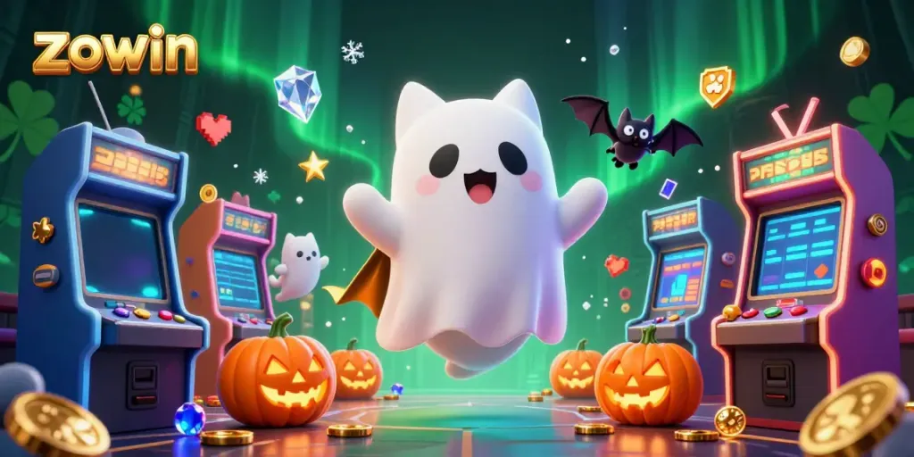 Engage with the magical world of Zowin as a friendly ghost cat and bat companion explore a vibrant haunted casino.