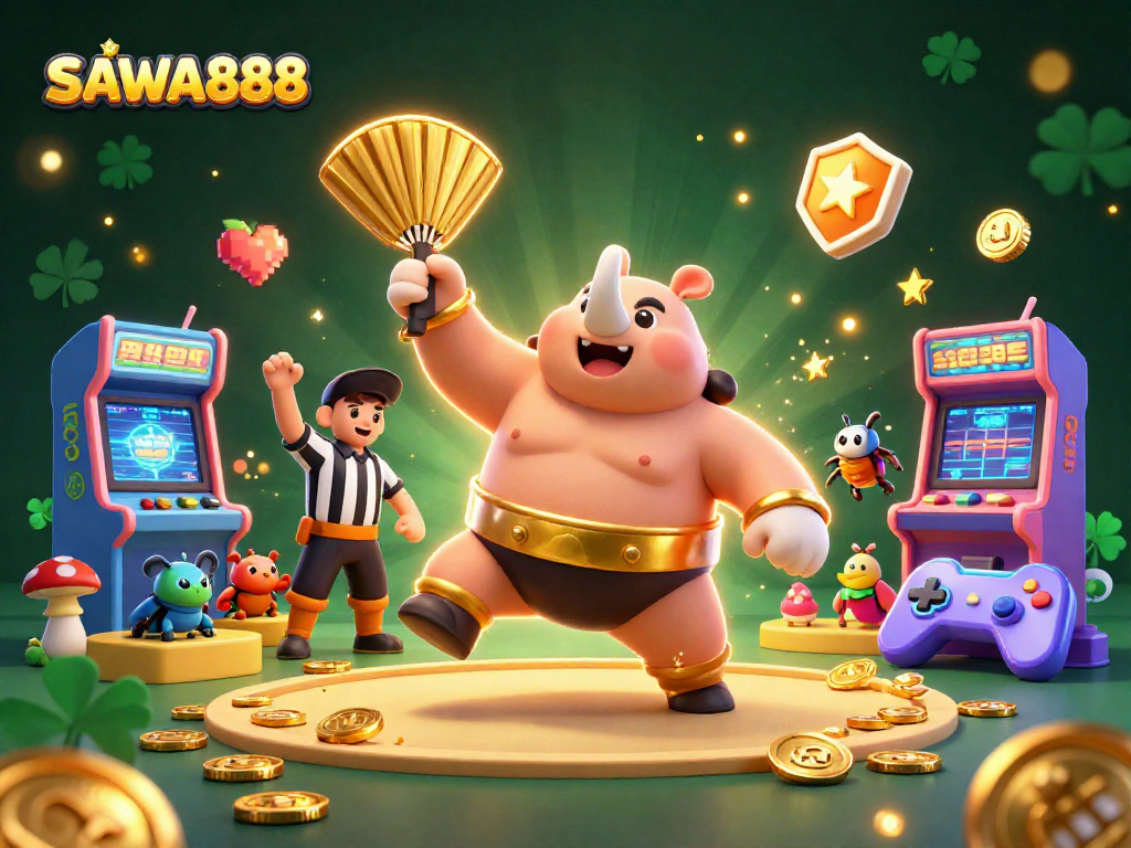 SAWA888 offers a vibrant gaming experience with a unique sumo champion beetle surrounded by colorful arcade elements.