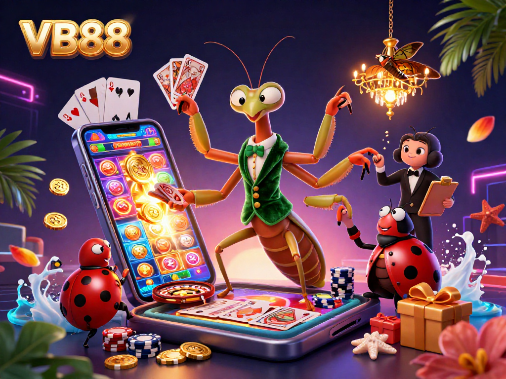 VB88 showcases a vibrant scene with a giant mantis dealer and engaging casino elements.