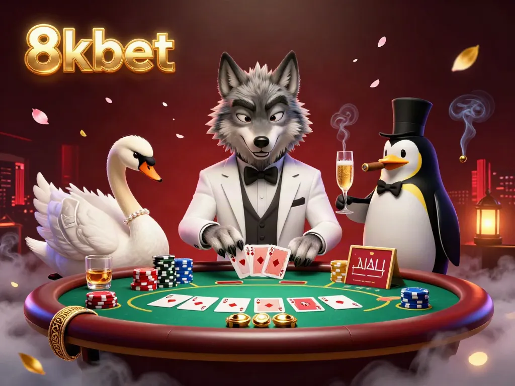 Engage in high-stakes gaming at 8xbet with a wolf, swan, and penguin in a vibrant casino scene.