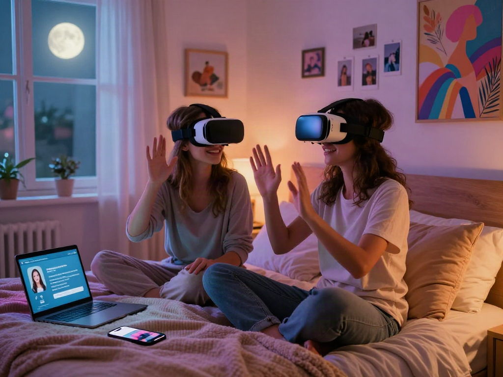 Couple exploring AI sex technology through virtual reality in a cozy bedroom setting