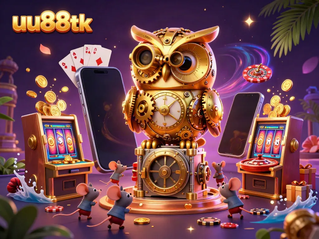 Experience the thrill of uu88tk in a vibrant casino scene with a golden owl and game elements.