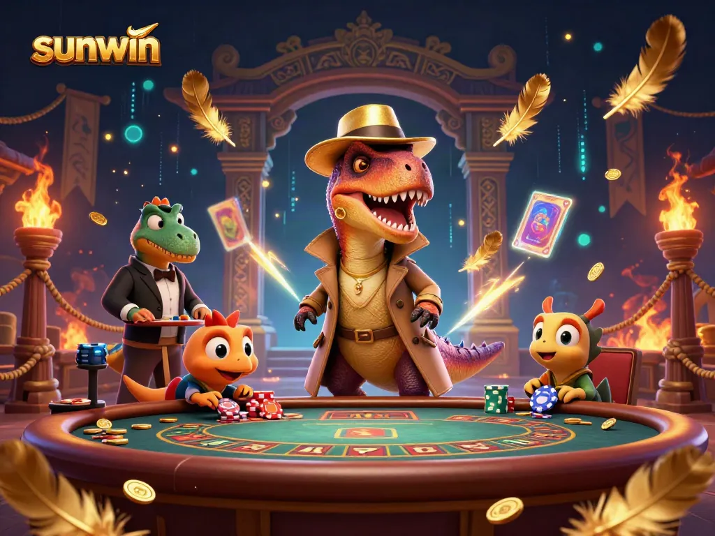 Bet big with Sunwin, featuring clever raptors in a vibrant casino setting, blending excitement with strategic gameplay.