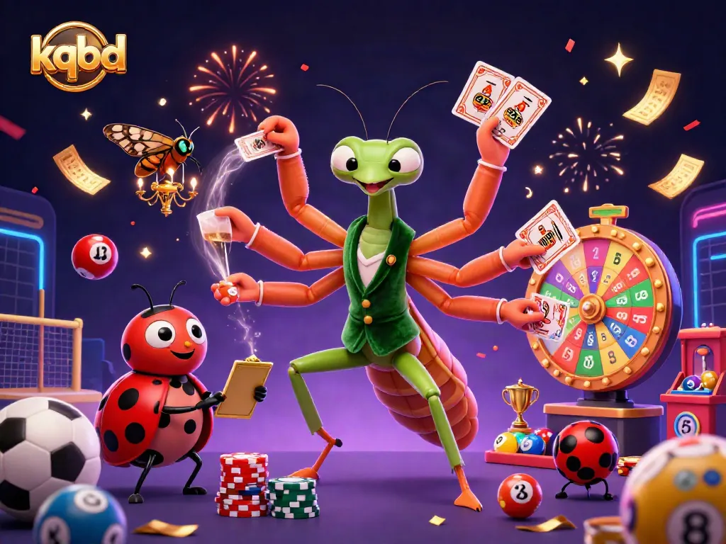 Kqbd updates sports betting results with a dynamic illustration featuring a mantis dealing cards and a ladybug pit boss