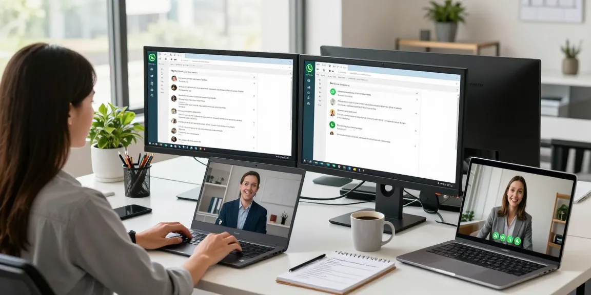 Using WhatsApp電腦版 on a modern desktop setup with work essentials and vibrant office decor.