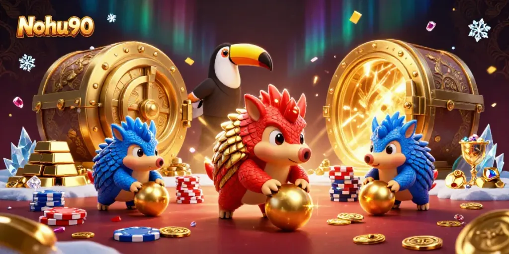 Nohu90 features vibrant, dynamic pangolins competing in a casino scene filled with treasures.