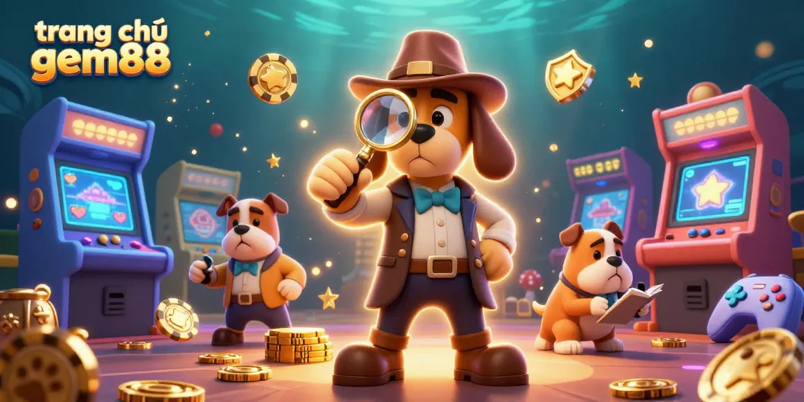 Engage with trang chủ gem88 as a cartoon detective investigates golden poker chip clues in a vibrant casino scene.