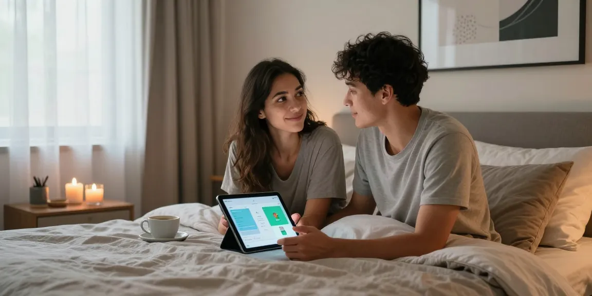 Couple exploring ai sex apps on tablet in a cozy bedroom.