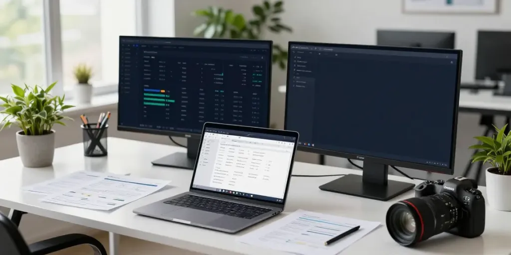 Dynamic workspace showcasing instant indexing analytics and performance metrics on monitors.
