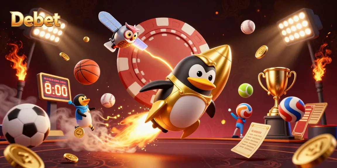 Experience thrilling betting with Debet at a casino station in a vibrant 3D space scene.