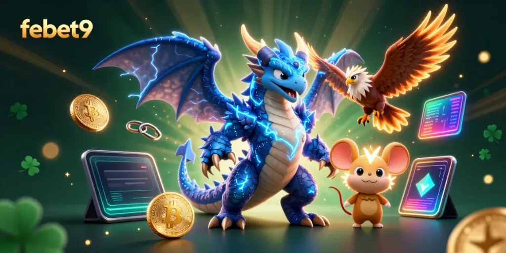 Experience thrilling wins with febet9 in this vibrant 3D fantasy casino illustration.