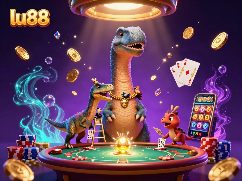 Experience thrilling gameplay at lu88 with a whimsical 3D cartoon brontosaurus and raptor dealing cards.