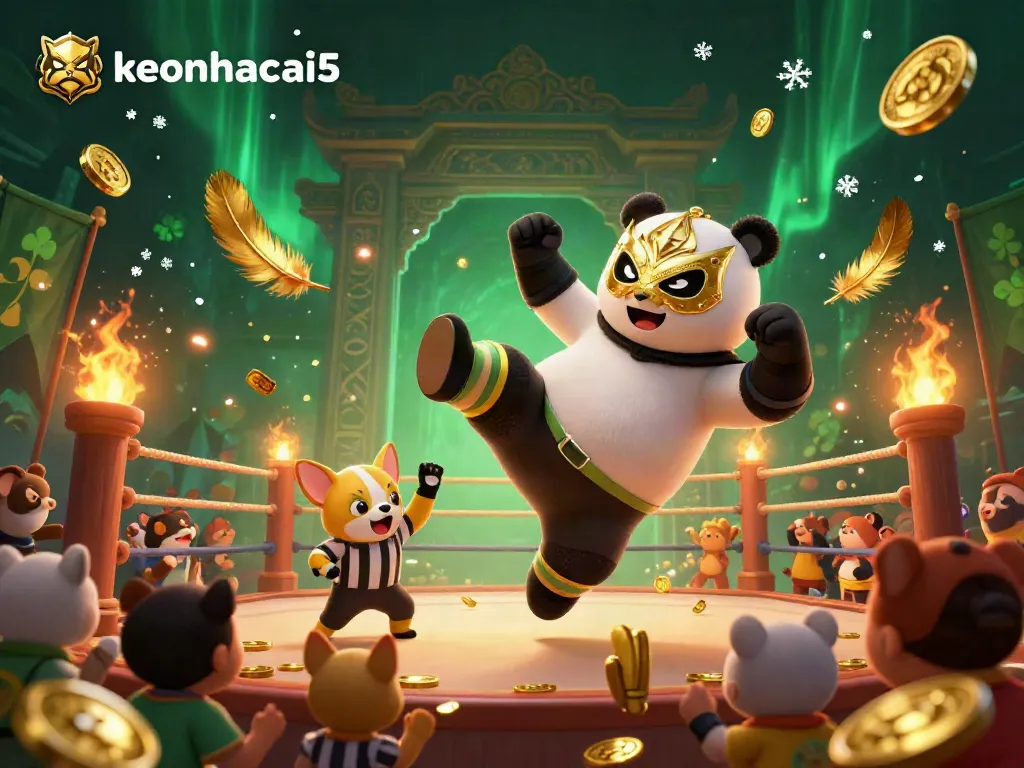 An energetic showdown featuring the keonhacai5 panda wrestler in action alongside a counting chihuahua referee, amid gold coins and cheering animals.